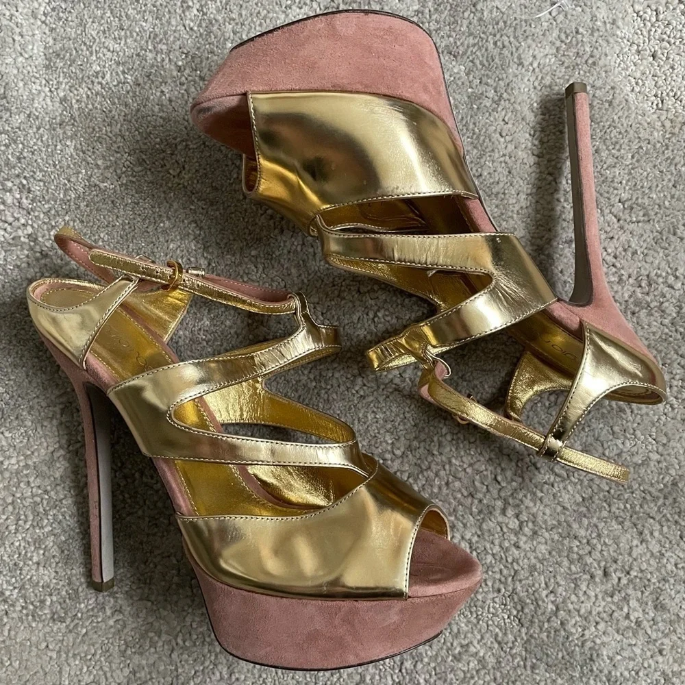 Sergio Rossi Gold Metallic Strappy Color Block Platform Sandals EUC Size 38.5